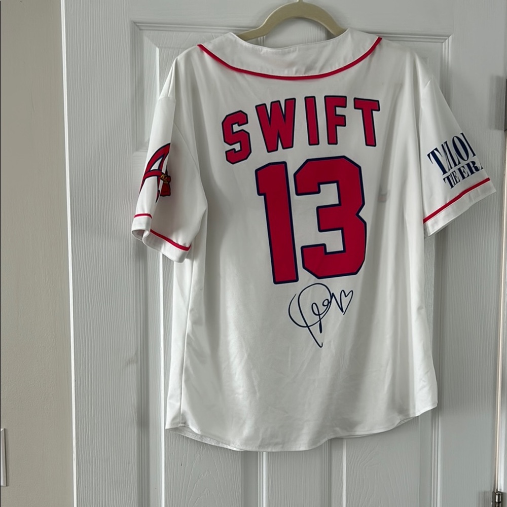 Taylor Swift White Jersey with Red and pink trim and Blue Accents